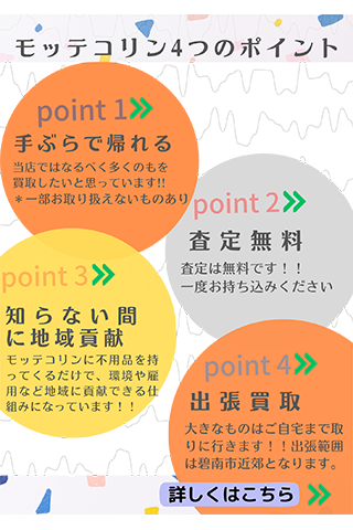 ４つのポイント・碧南市、安城市、刈谷市、西尾市、高浜市の買取・モッテコリン